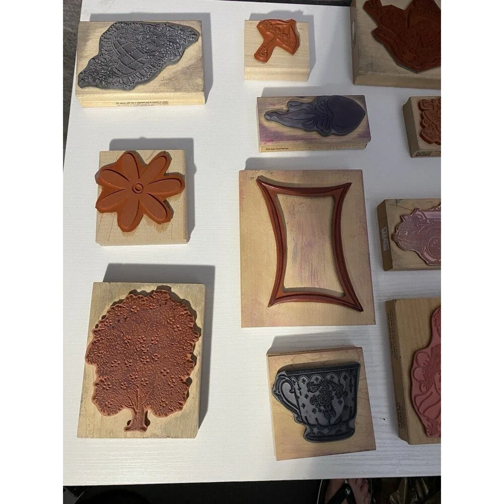 Lot 11 Vtg Wood Rubber Stamps: River City Roadster, Denami, Stampin' Up!, Misc
